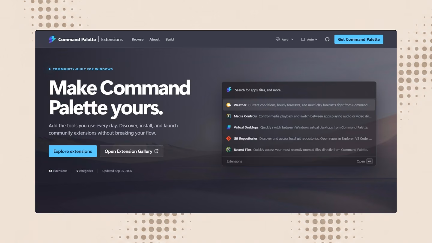 Command Palette Extensions gallery showing community-built tools for developers, productivity, media, and more.
