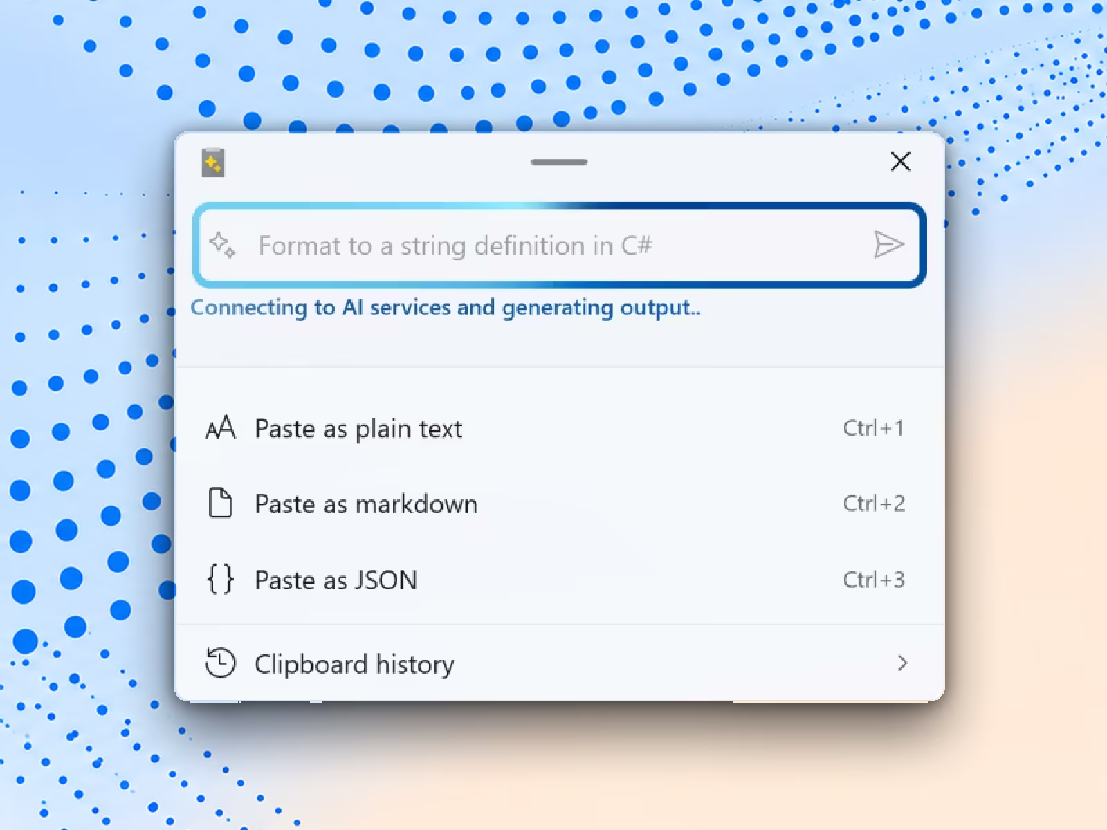 Finestra Incolla avanzata con opzioni per incollare come testo normale, Markdown o JSON e una casella per le istruzioni di intelligenza artificiale.