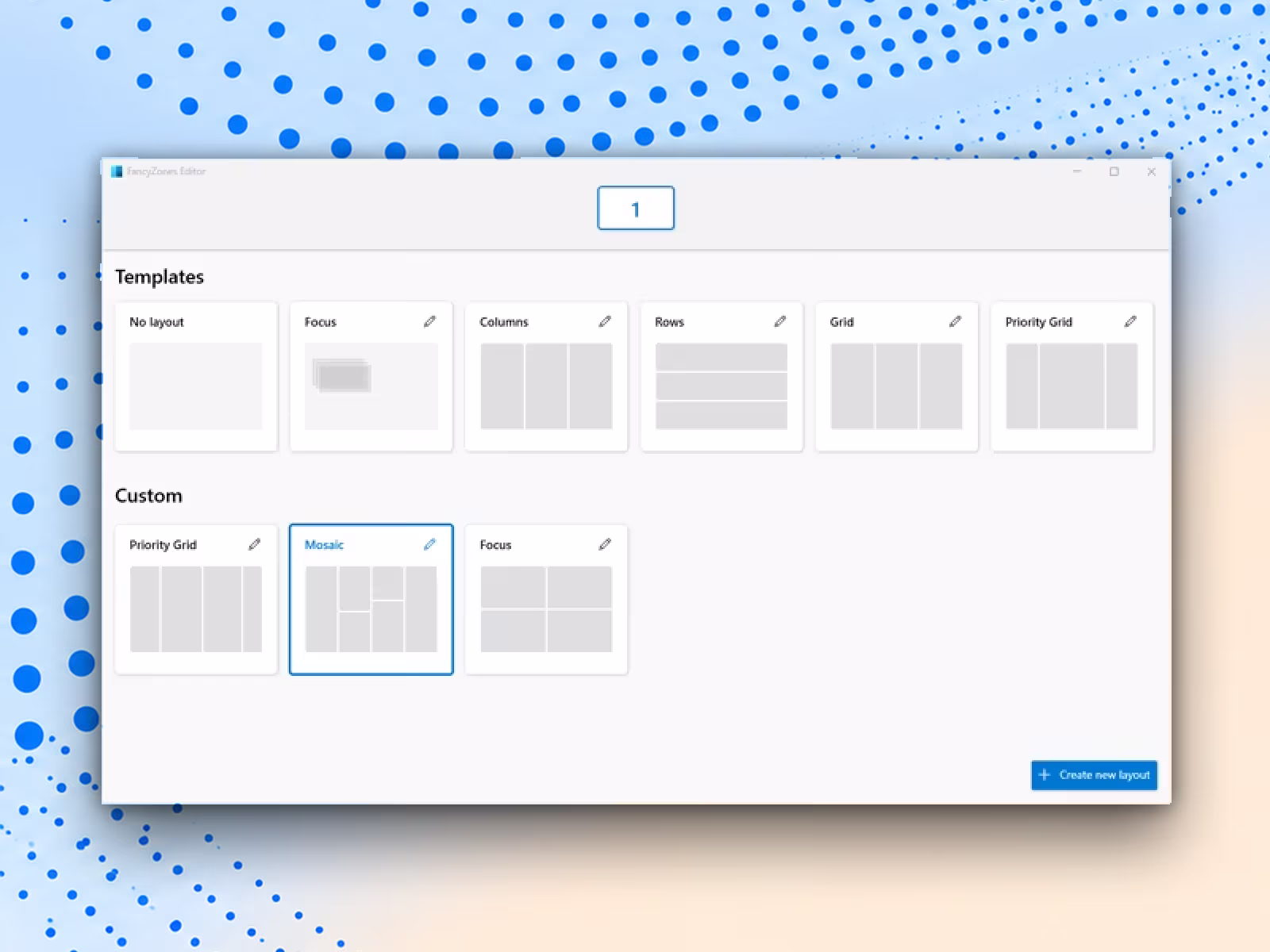 Editor dei layout FancyZones con modelli e layout personalizzati.