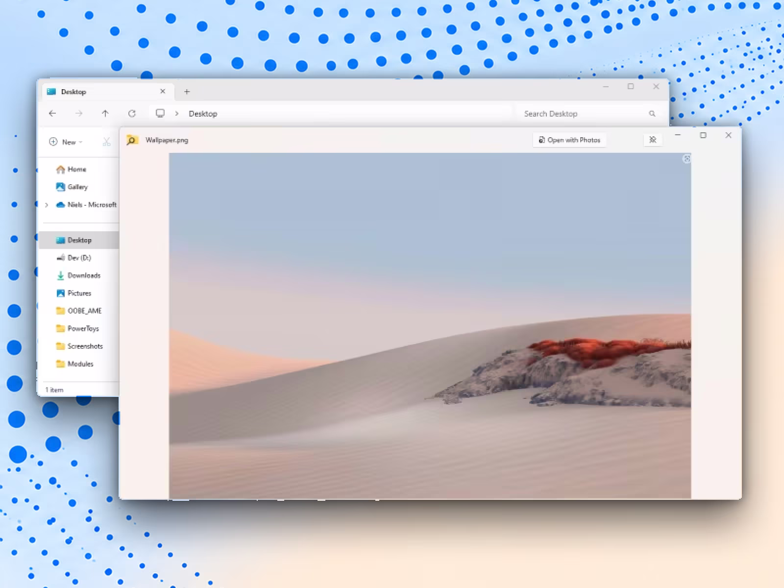 Peek mostra un'anteprima ingrandita di un file immagine selezionato in Esplora file.