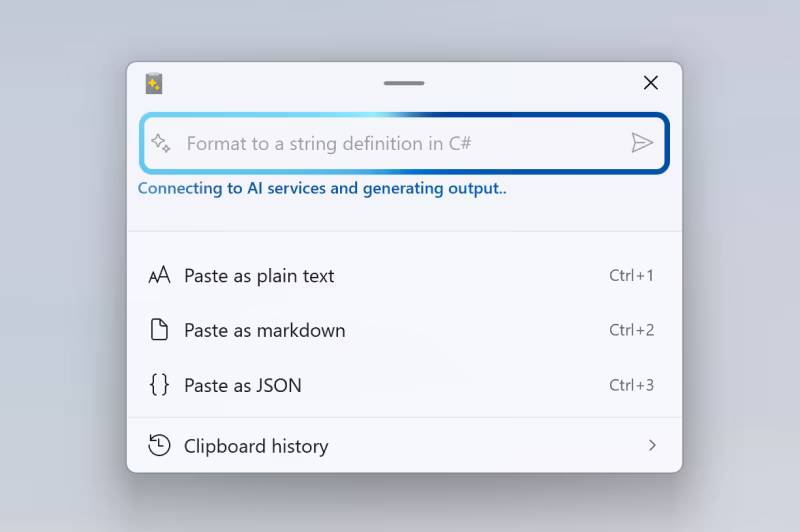 Advanced Paste window with options to paste as plain text, Markdown, or JSON, and a box for AI instructions.