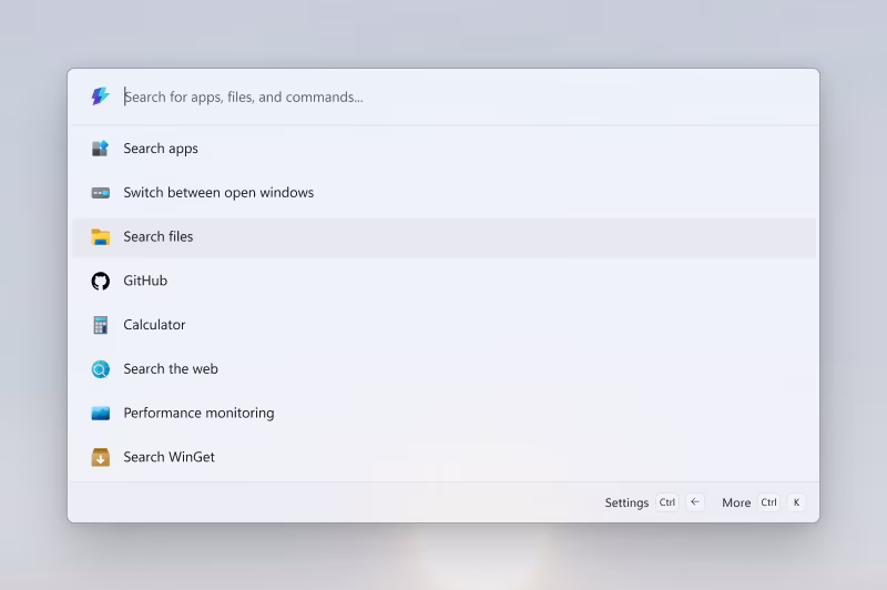 Command Palette with a search box and commands to search apps, switch windows, and search files.