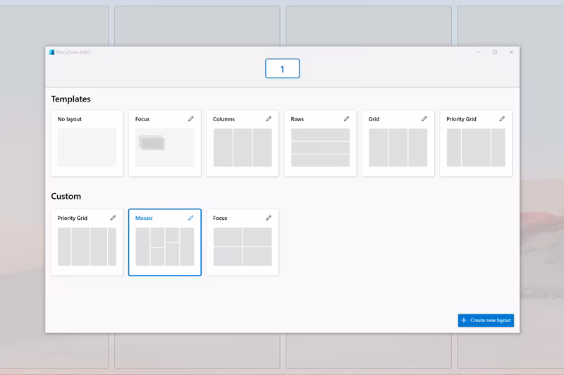 FancyZones layout editor with layout templates and custom layouts.
