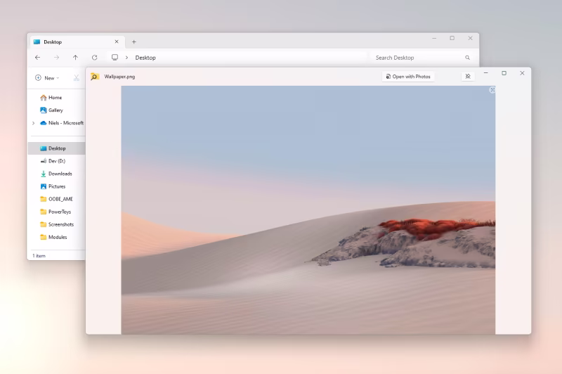 Peek showing a large preview of an image file selected in File Explorer.