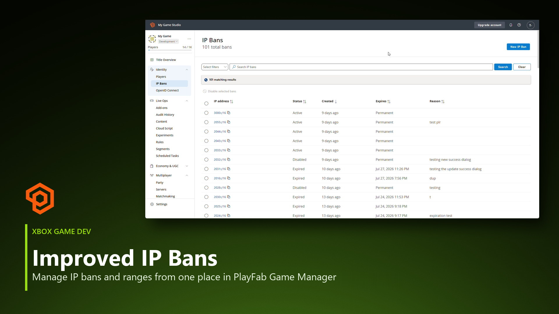 PlayFab Improved IP Bans