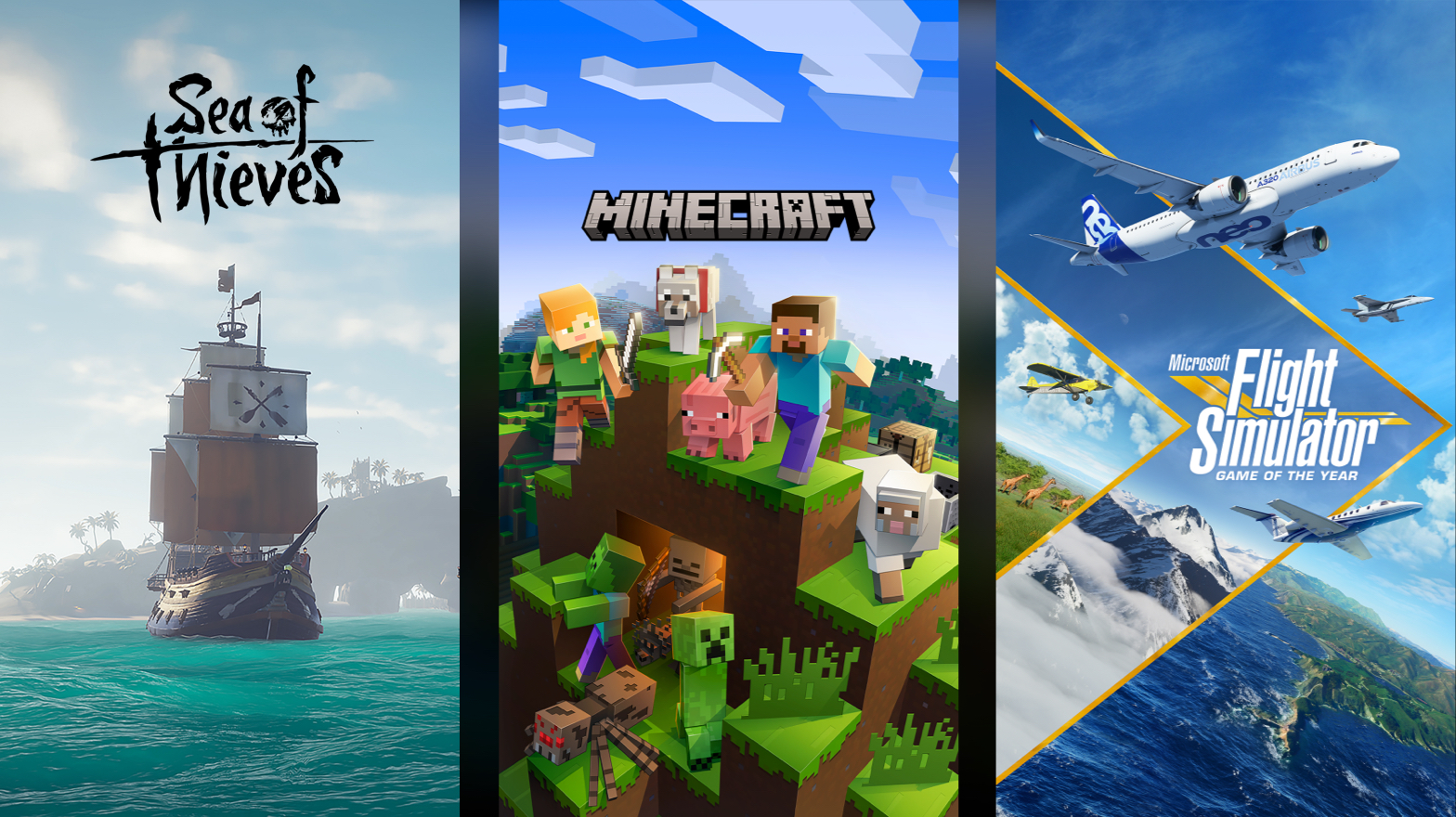 game cover art for Sea of Thieves, Minecraft, and Flight Simulator