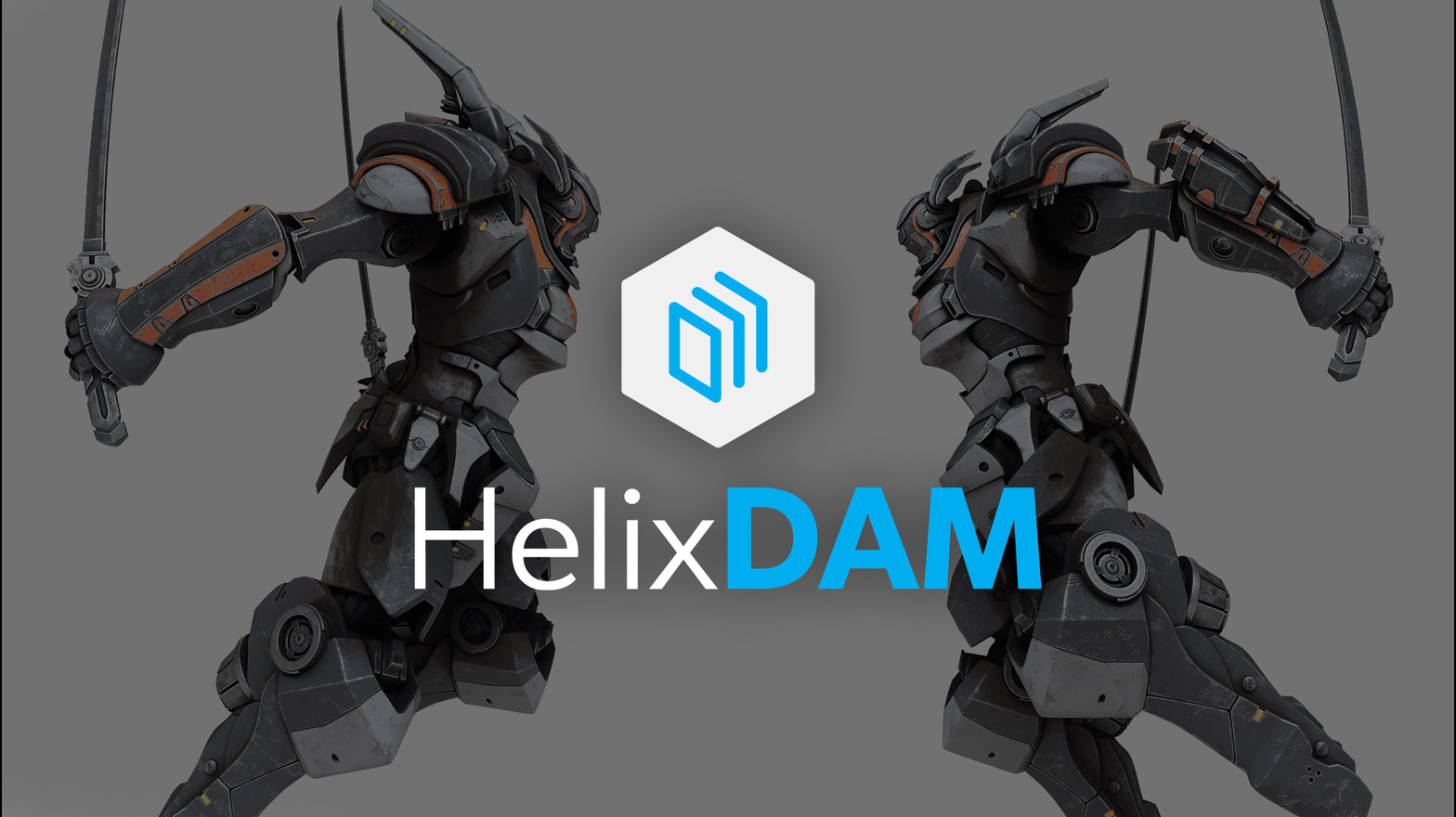 two robots facing each other with the word HelixDAM superimposed over them
