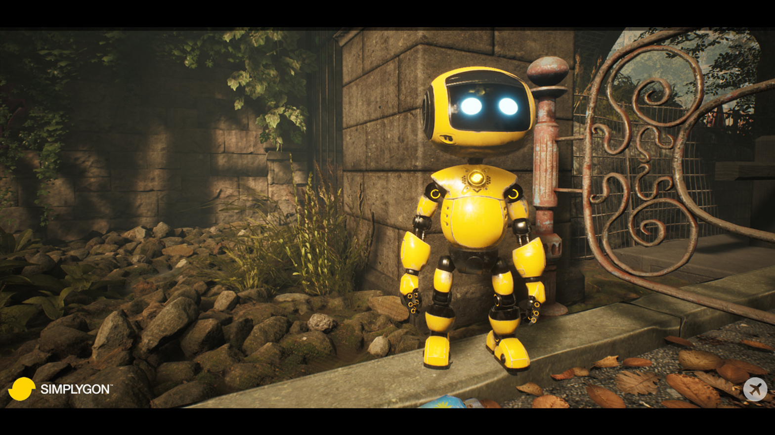 Poly, a yellow humanoid robot, standing on a path looking into the distance