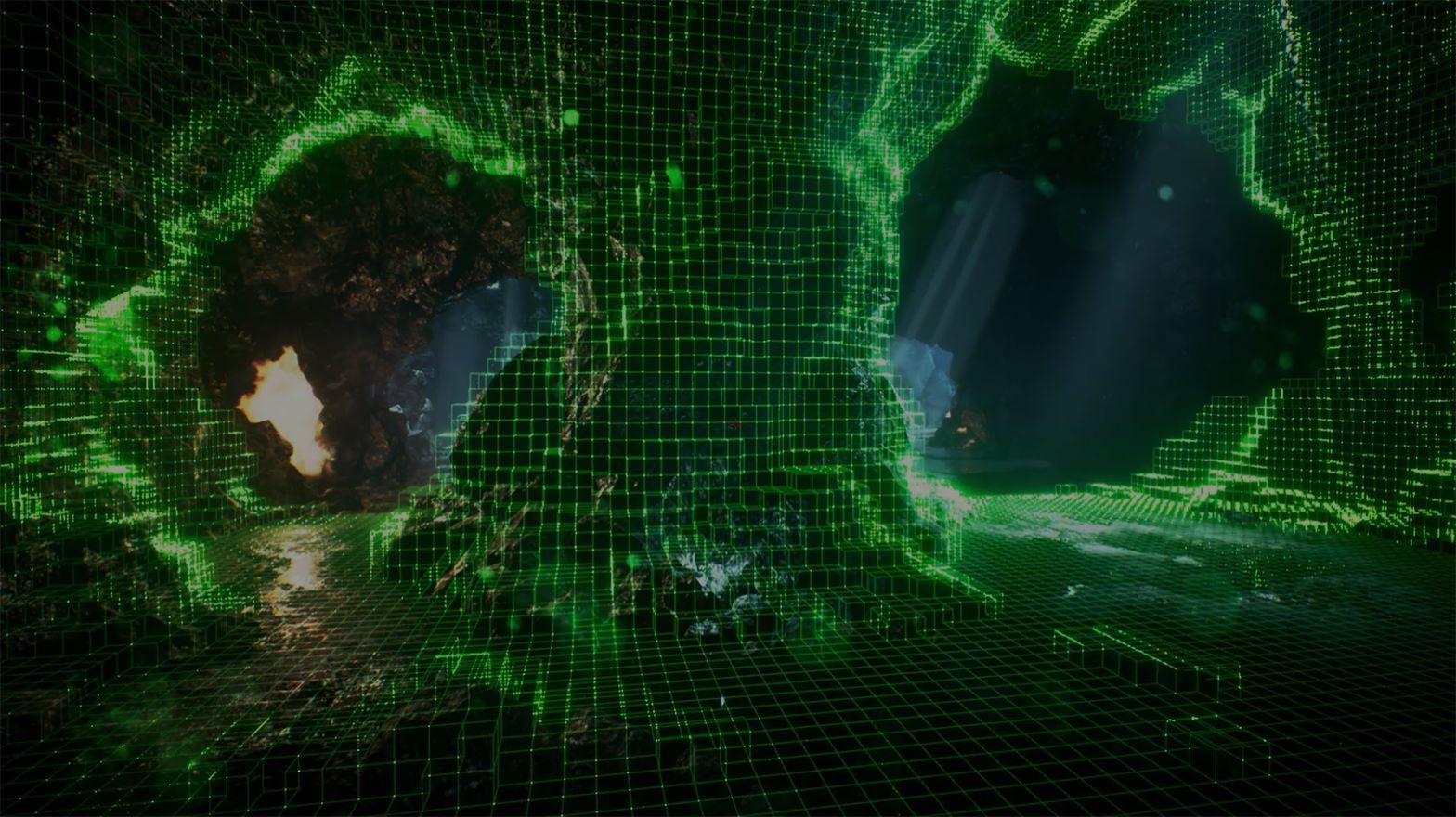 a landscape with a green computer grid overlayed over it