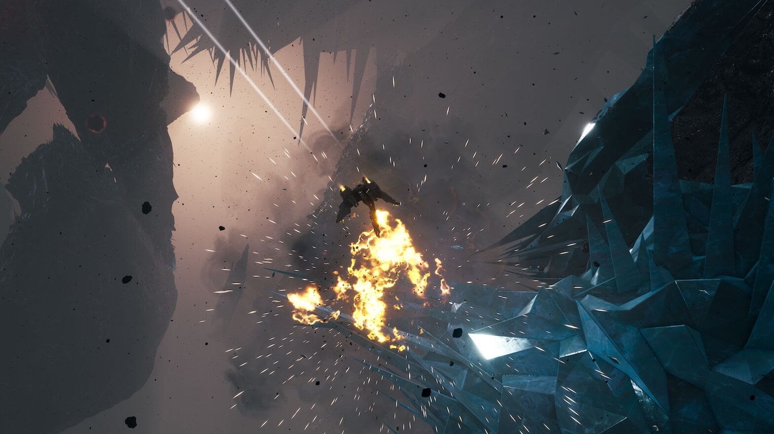 A spaceship in a battle with an explosion in the middle of the image