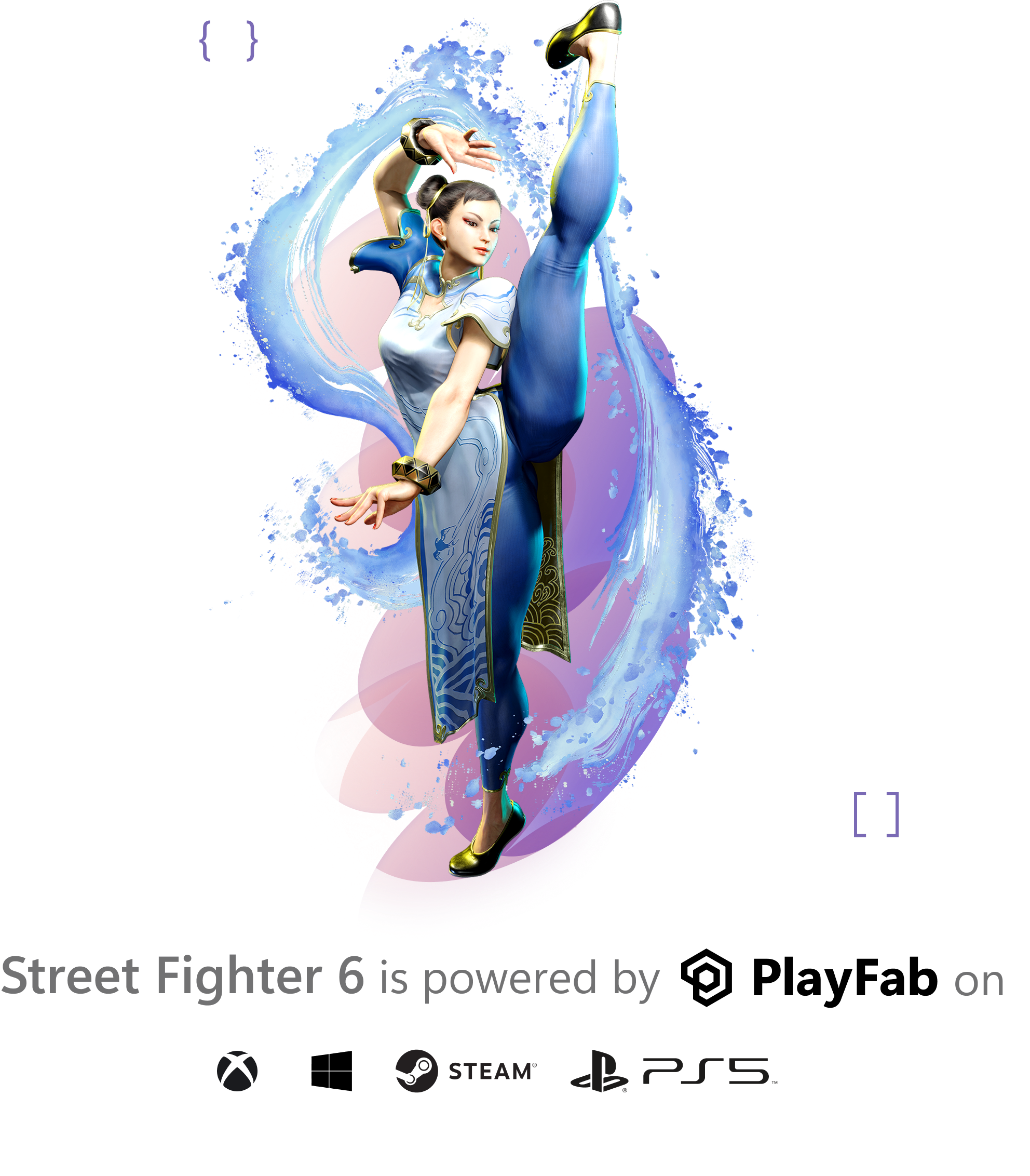 Chun-Li performs a high vertical kick in her iconic blue qipao outfit, surrounded by dynamic watercolor-style blue and purple splash     effects against a dark background. Text reads 'Street Fighter 6 is powered by PlayFab with Xbox, Steam, and PS5 platform logos.