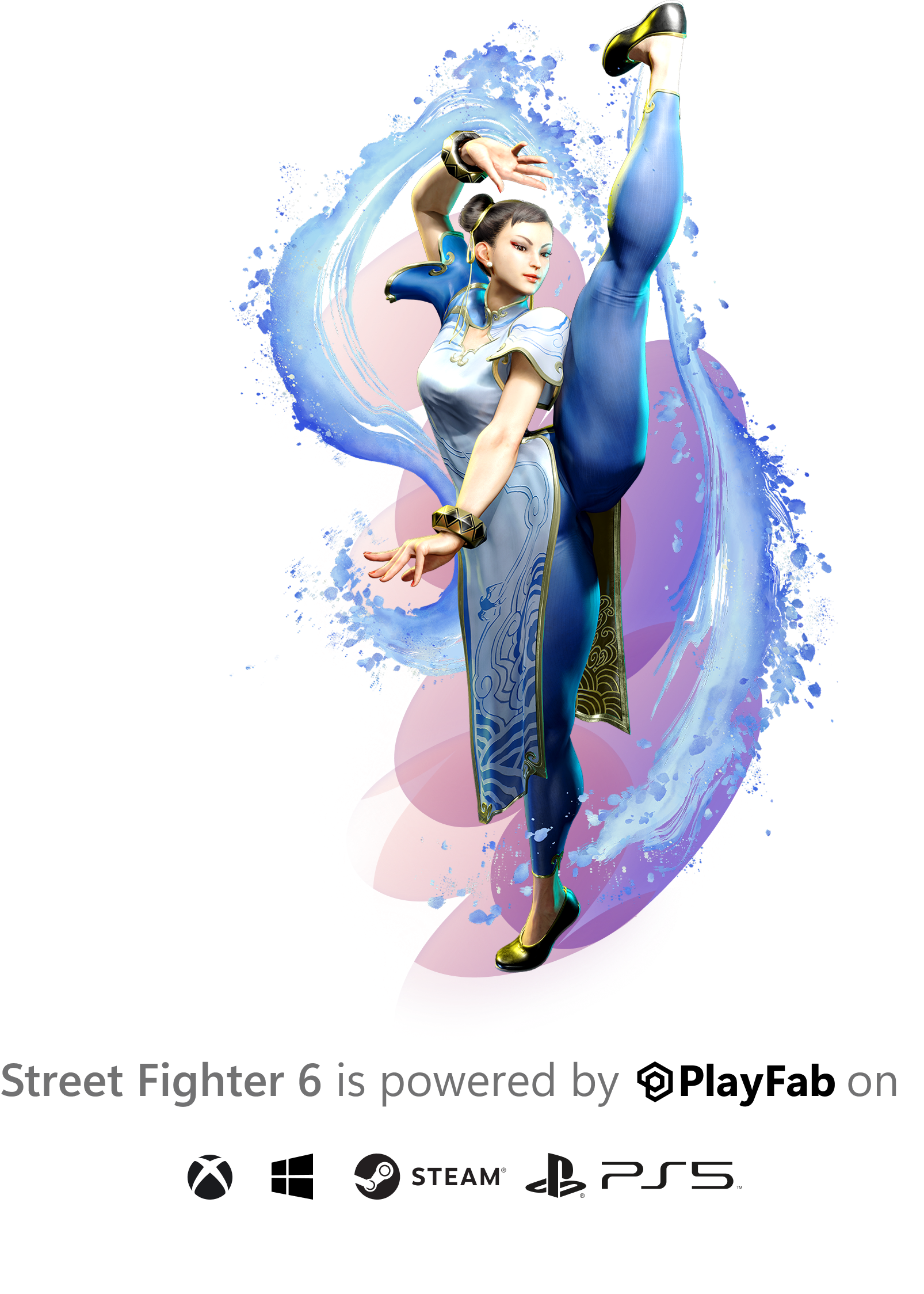 Chun-Li performs a high vertical kick in her iconic blue qipao outfit, surrounded by dynamic watercolor-style blue and purple splash effects against a dark background. Text reads 'Street Fighter 6 is powered by PlayFab with Xbox, Steam, and PS5 platform logos.