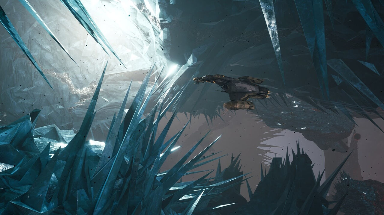 A spaceship flying through spiky crystalline rocks