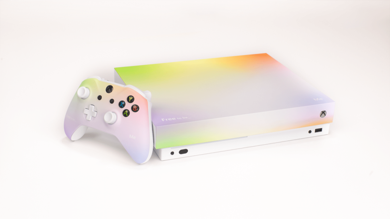 custom designed Xbox with a pastel rainbow gradient