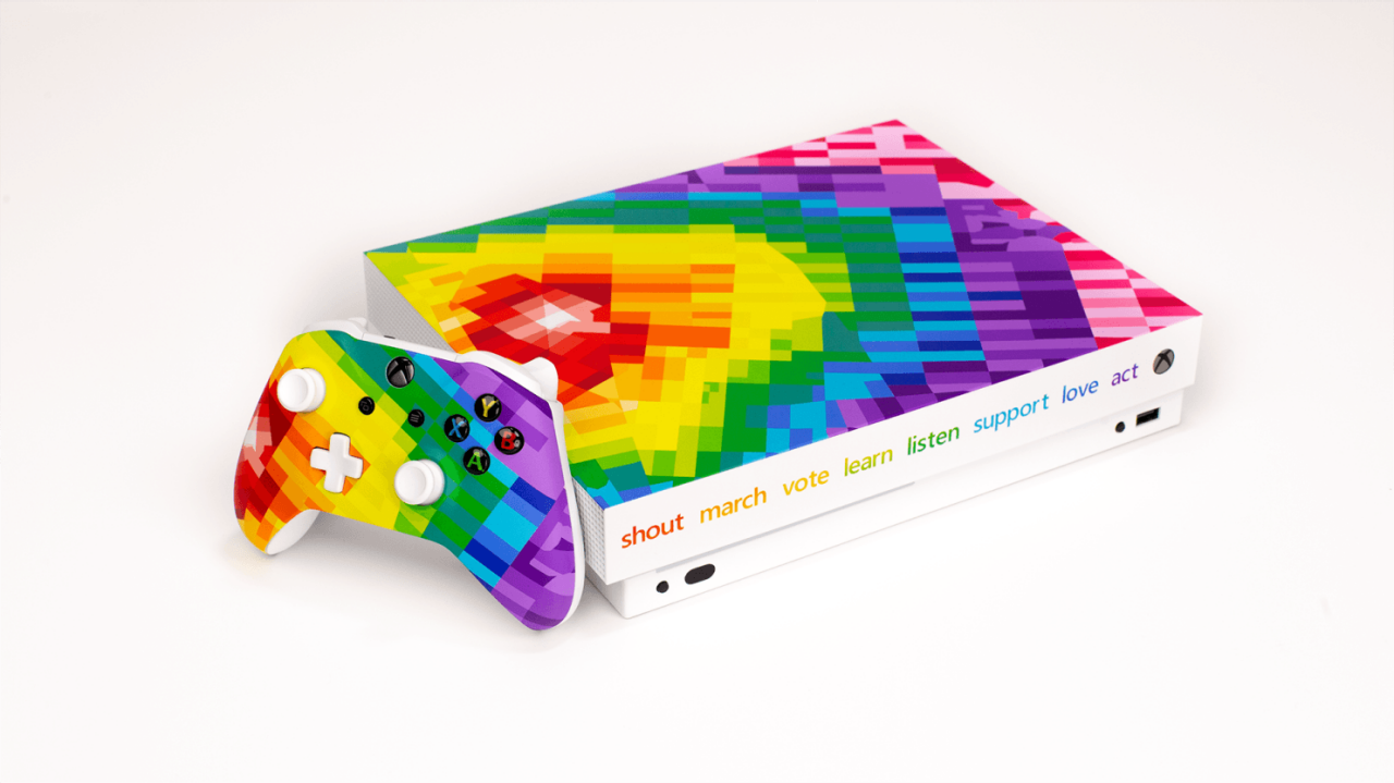 custom designed Xbox with a rainbow radial mosaic