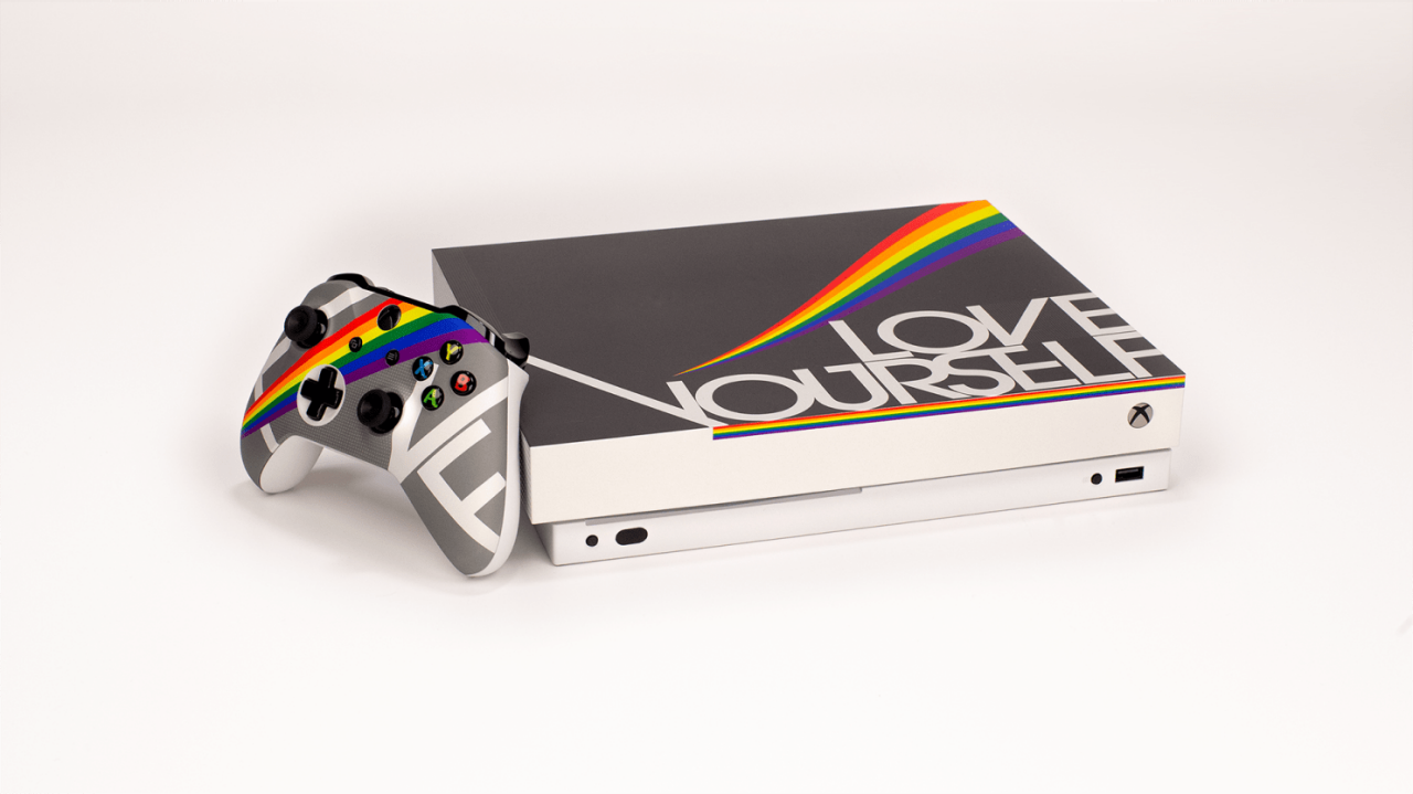 custom designed Xbox with a rainbow and the words "Love Yourself" on a black background