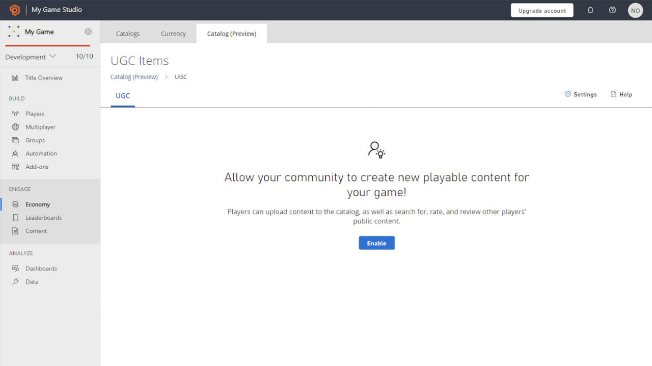 UI showing the user generated content page in PlayFab Game Manager