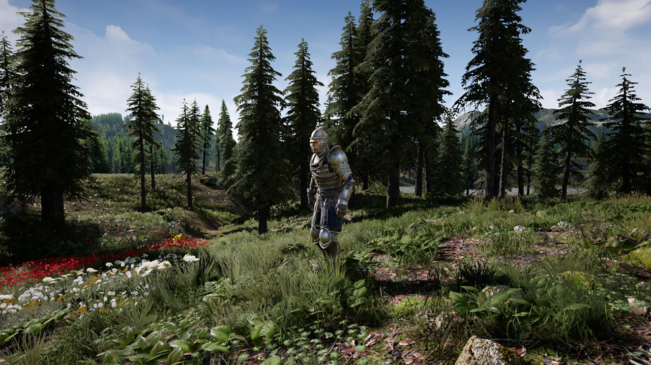 a video game still of a knight standing in a field with trees