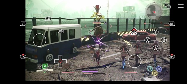 touch controls in Scarlet Nexus, showing many controls while the user is in combat