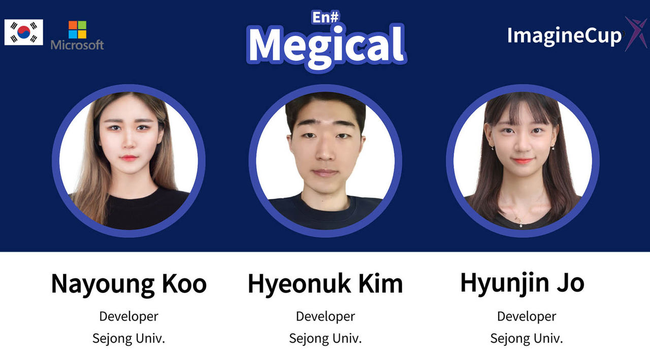 En#Megical team members Nayoung Koo, Hyeonuk Kim, and Hyunjin Jo, all developers from Sejong University