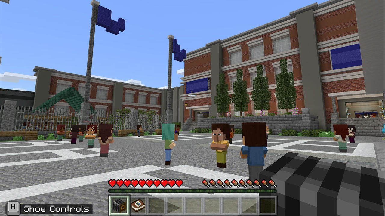 people gathered in a town square in Minecraft