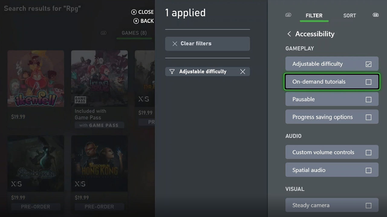 UI showing accessibility filters in the Xbox store