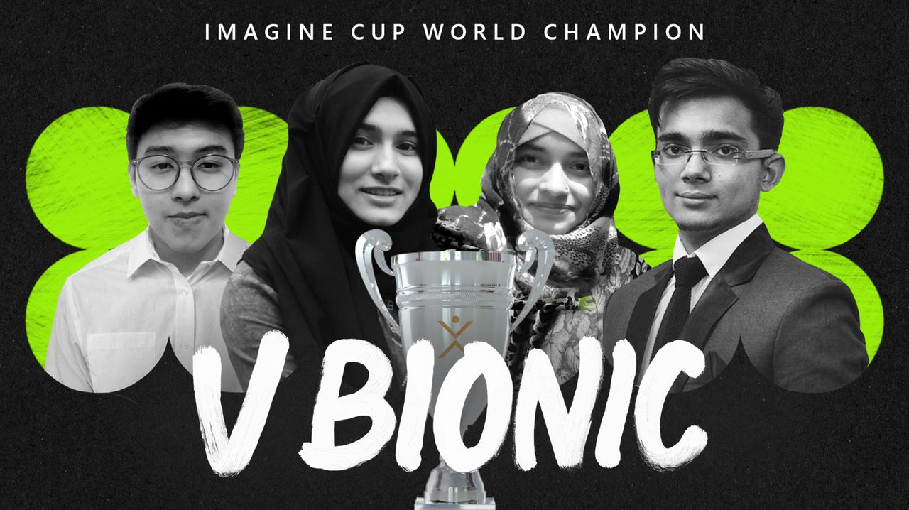 Photo of the four Imagine Cup 2022 winners with a trophy and overlayed text reading "Imagine Cup world champion" at the top and "VBIONIC" at the bottom