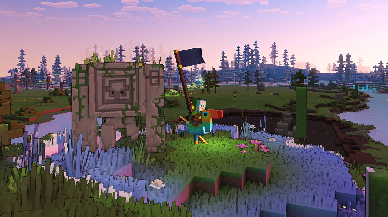 Minecraft landscape with a large rock creature and a person holding a flag while riding a bird