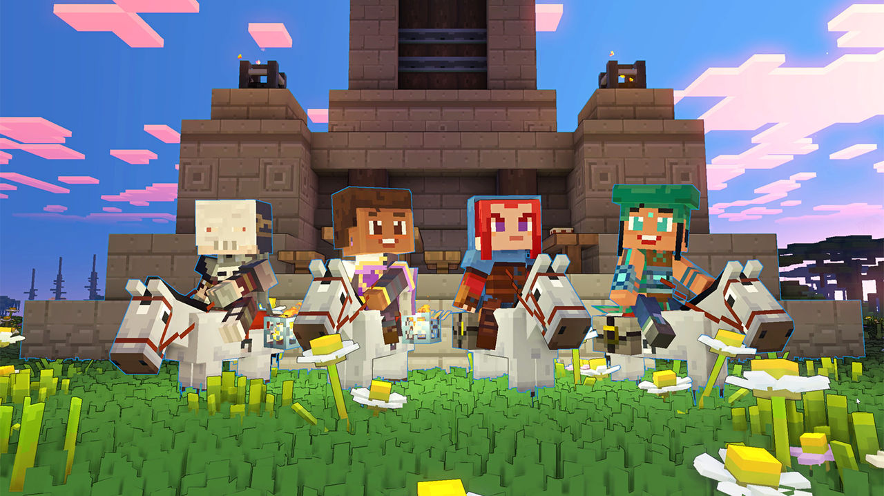 four Minecraft people on horses in front of a temple