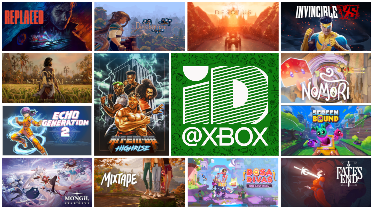 A colorful grid-style collage showcasing multiple independent video game key art images, including stylized characters, fantasy and sci‑fi scenes, and bold game titles, with a prominent green “ID@Xbox” logo centered among the artwork, representing a diverse lineup of indie games featured in a Microsoft Game Dev context.