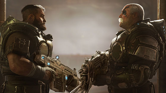 two chracters from Gears of War in armour looking at each other