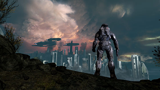 a Spartan from Halo looking over a city