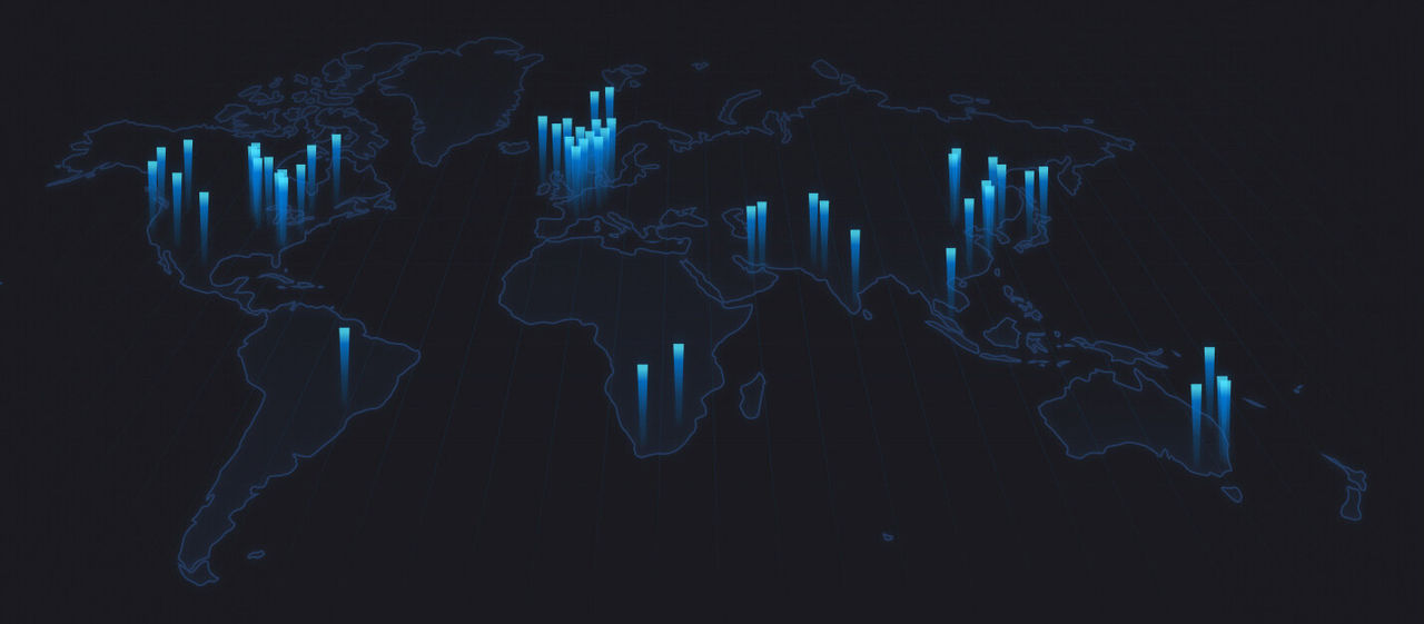 world map with the continents outlined in blue with blue beacons where data centers are located