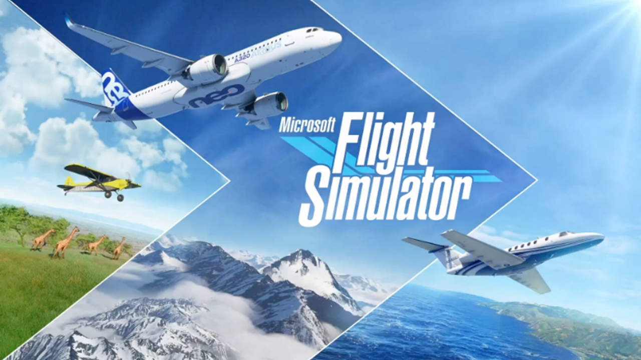 Microsoft Flight Simulator promotional art featuring multiple aircraft including a commercial airliner, a private jet, and a bush plane flying over diverse landscapes with mountains, oceans, and wildlife