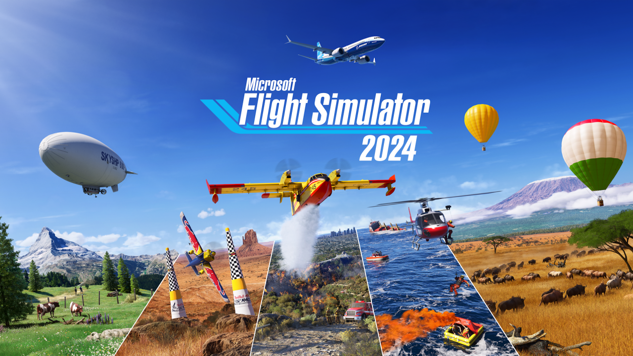 Microsoft Flight Simulator 2024 promotional art featuring multiple aircraft including a commercial jet, firefighting plane, helicopter, and hot air balloons across diverse global landscapes.