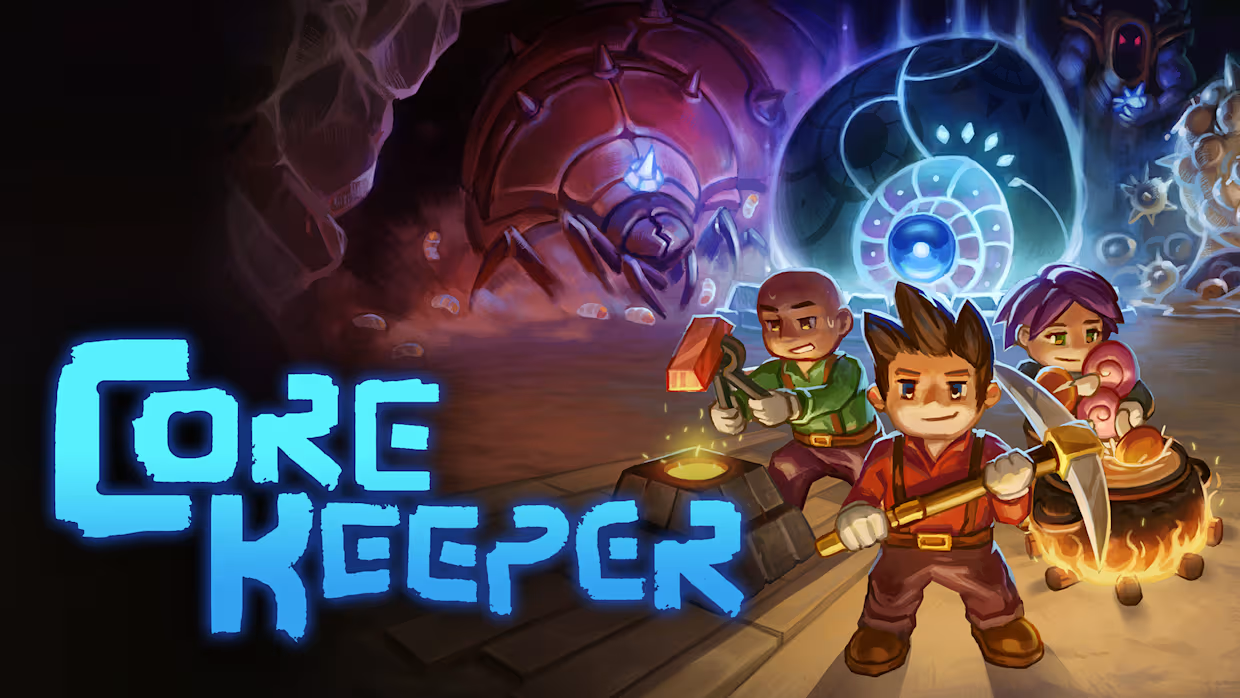 Core Keeper. Three cartoon adventurers armed with tools and weapons explore a dark underground cavern filled with glowing crystals and mysterious creatures
