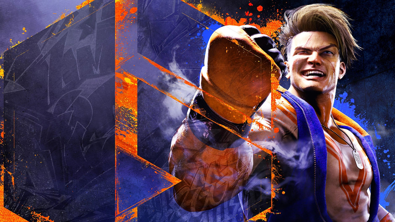 Luke throws a powerful punch toward the viewer, wearing a blue and orange open jacket with a chain necklace, against a dark     graffiti-covered background with bold orange geometric shapes and blue and orange paint splatter effects.