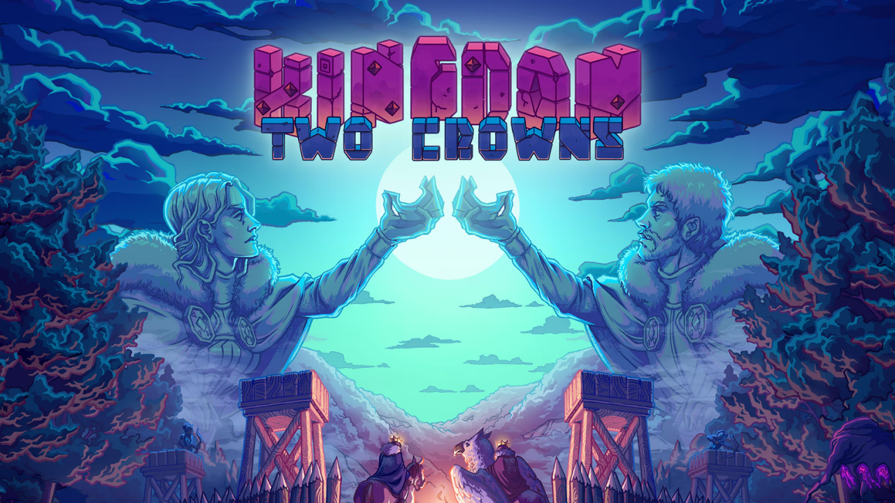 Kingdom Two Crowns promotional art featuring a mystical pixel-art kingdom scene with ghostly figures and glowing crowns