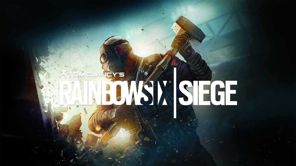 Tom Clancy's Rainbow Six Siege. A tactical operator wearing goggles and heavy gear wields a sledgehammer over their shoulder in a dark, industrial environment with dramatic backlit lighting.