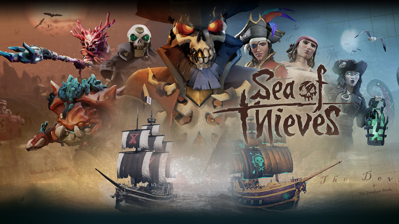 Sea of Thieves. A pirate ship sails across the ocean surrounded by a montage of colorful characters including pirates, skeletons, sea creatures, and mythical beings, with the game's ornate logo at the center.