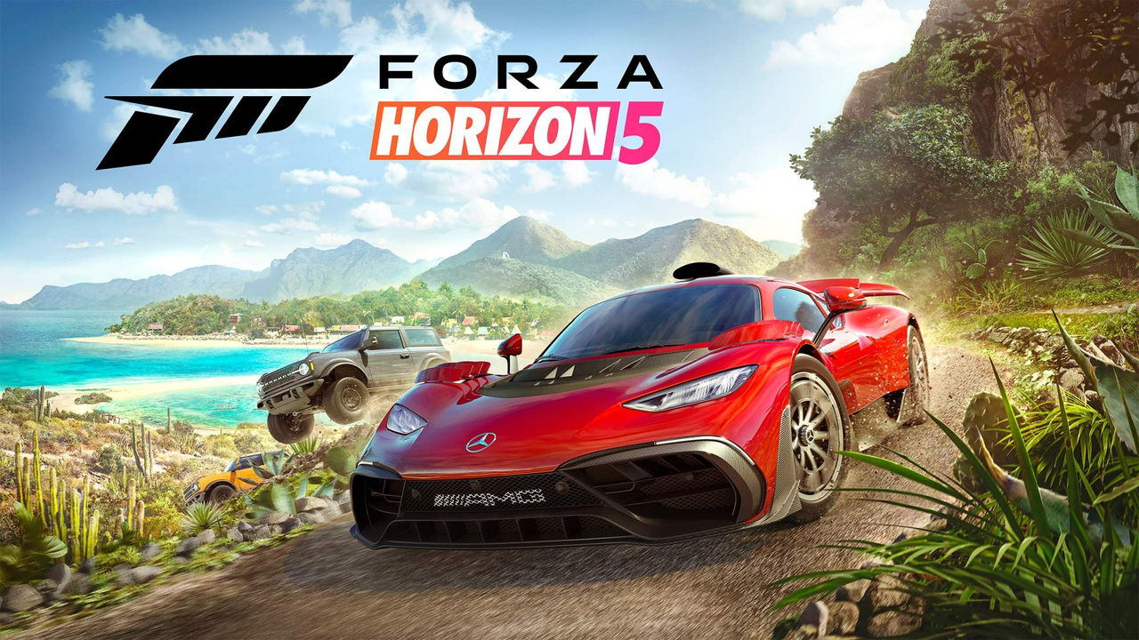 Forza Horizon 5 promotional art featuring a red Mercedes-AMG One supercar racing down a dirt road in the foreground