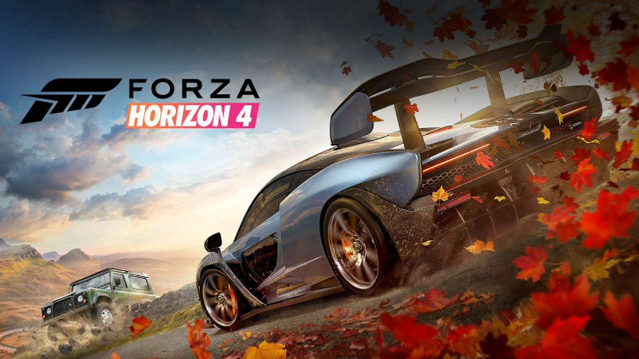 Forza Horizon 4 promotional art featuring a sports car speeding through autumn leaves with a scenic landscape