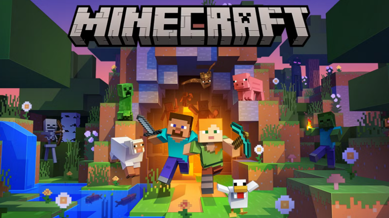 Minecraft promotional art featuring Steve and various mobs in a colorful blocky landscape