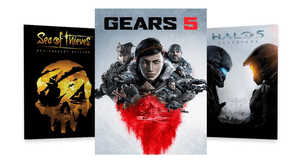 Game covers for Sea of Thieves, Gears 5, and Halo 5