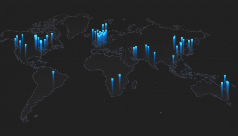 a map of the world with blue beacons where Azure has data centers