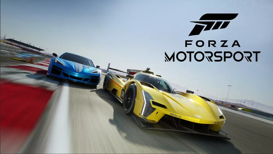 A yellow and blue car racing in Forza Motorsport image