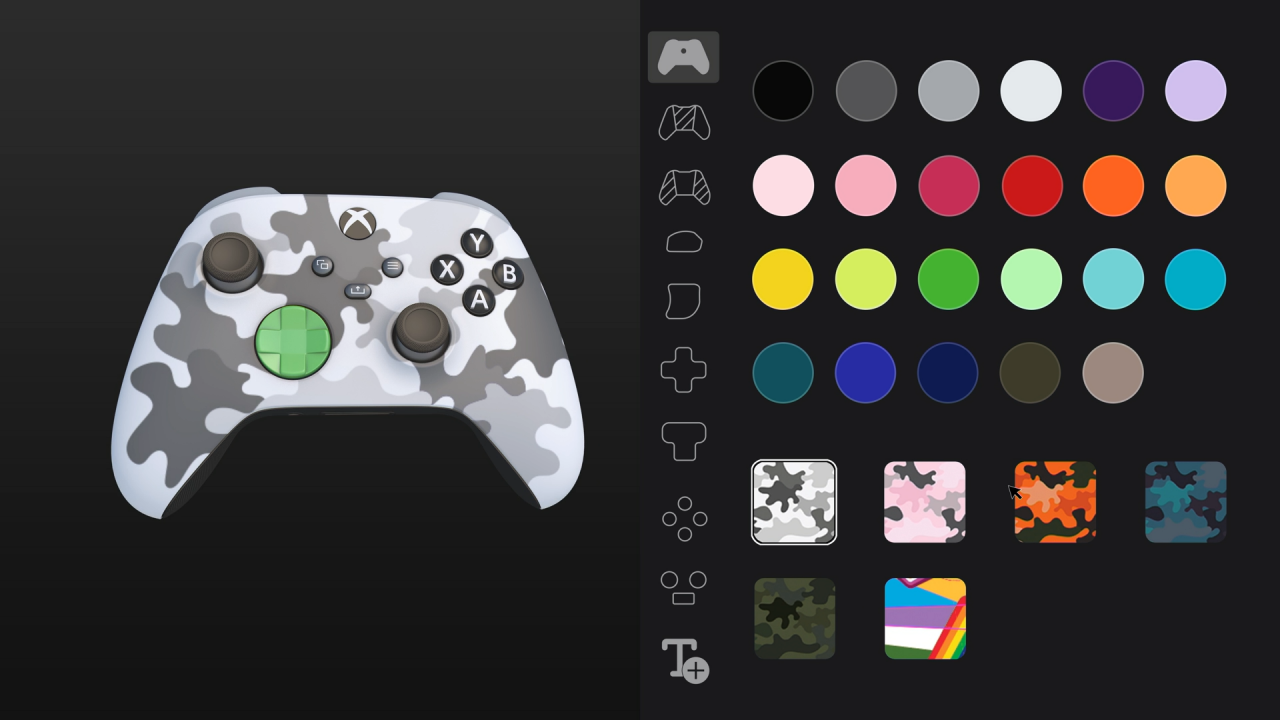 Camouflage controller with visualiazation of custom creation options.