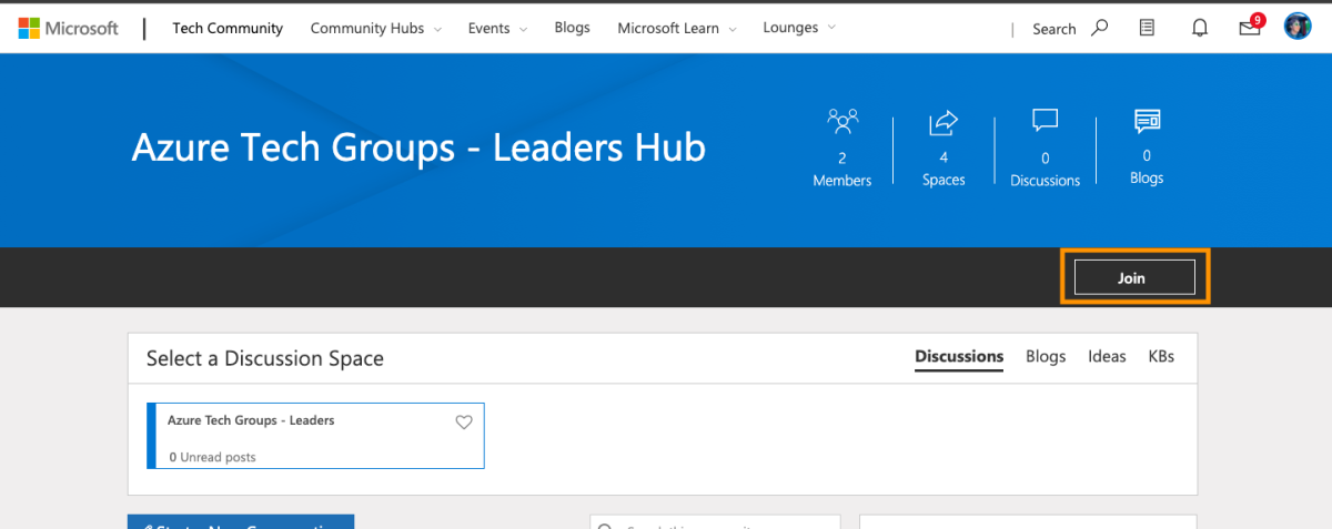 Azure Tech Groups – Centrum leaderů – kliknutím na Připojit se staňte členem