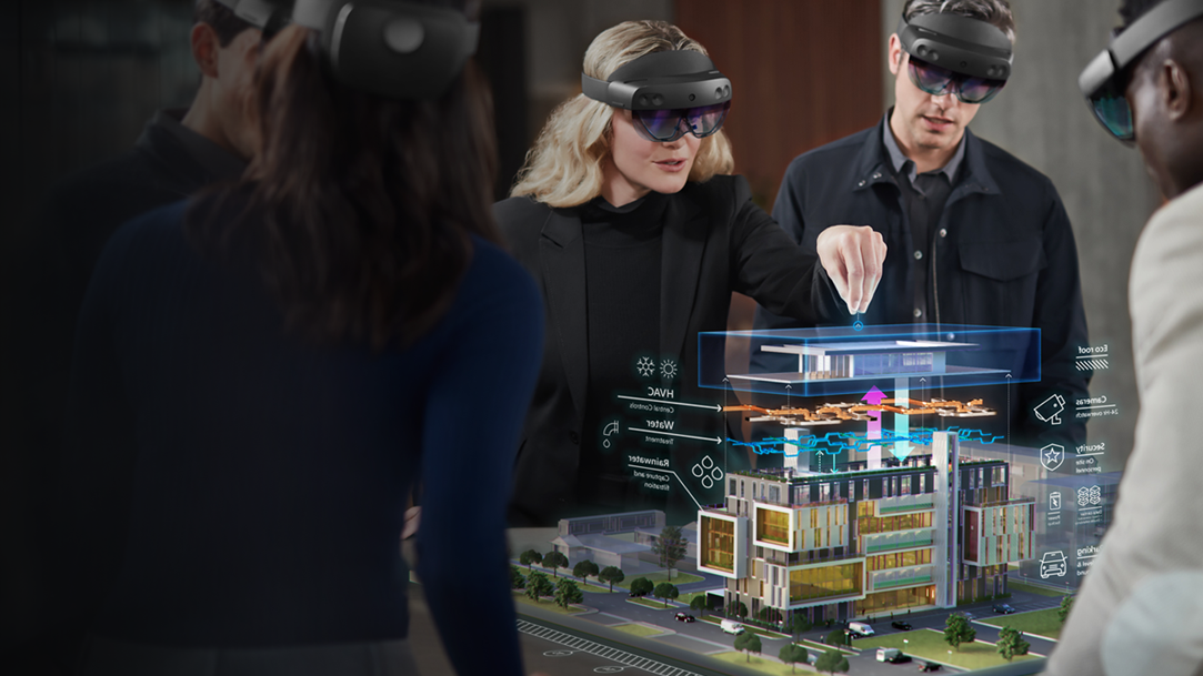 Woman using remote rendering in front of group