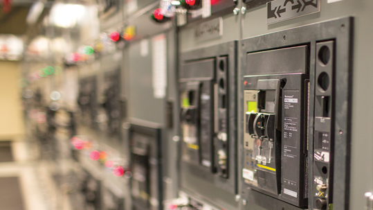 Up close shot of servers in racks.
